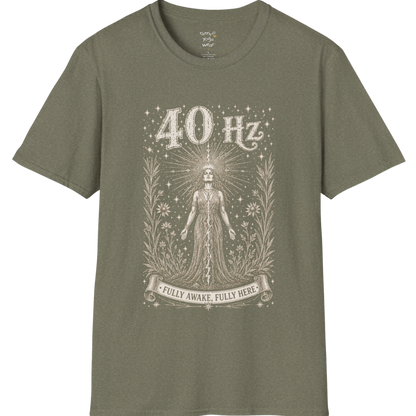 40 Hz T-Shirt with radiating crown of light design — Dark Sacred Stillness collection by Ramro Yoga Wear in Heather Military Green