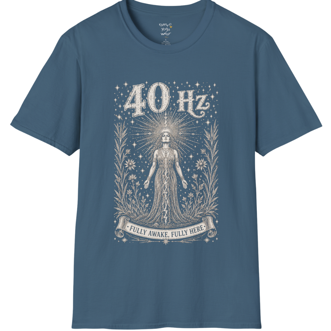 40 Hz T-Shirt with radiating crown of light design — Dark Sacred Stillness collection by Ramro Yoga Wear in Indigo Blue