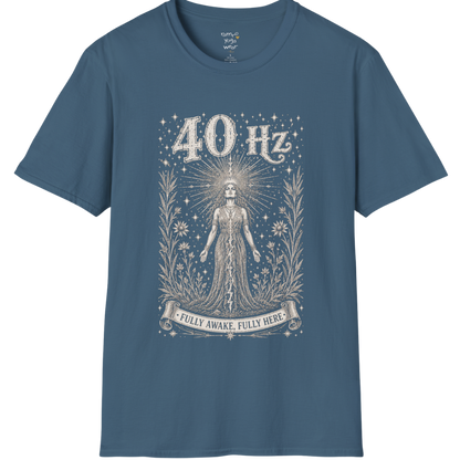 40 Hz T-Shirt with radiating crown of light design — Dark Sacred Stillness collection by Ramro Yoga Wear in Indigo Blue