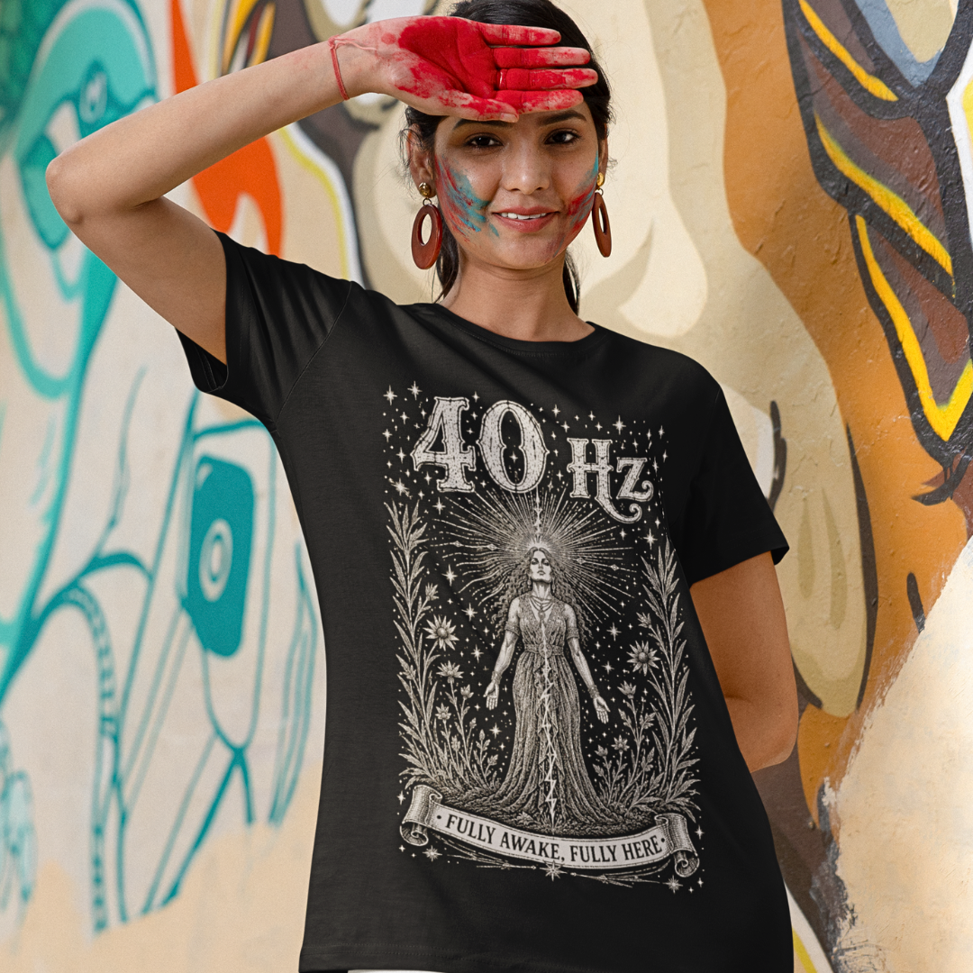 40 Hz T-Shirt black sacred yoga shirt in front of a mural — Dark Sacred Stillness collection by Ramro Yoga Wear
