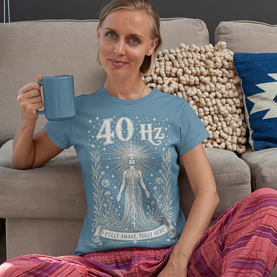 40 Hz T-Shirt indigo blue sacred yoga shirt at home with coffee — Dark Sacred Stillness collection by Ramro Yoga Wear