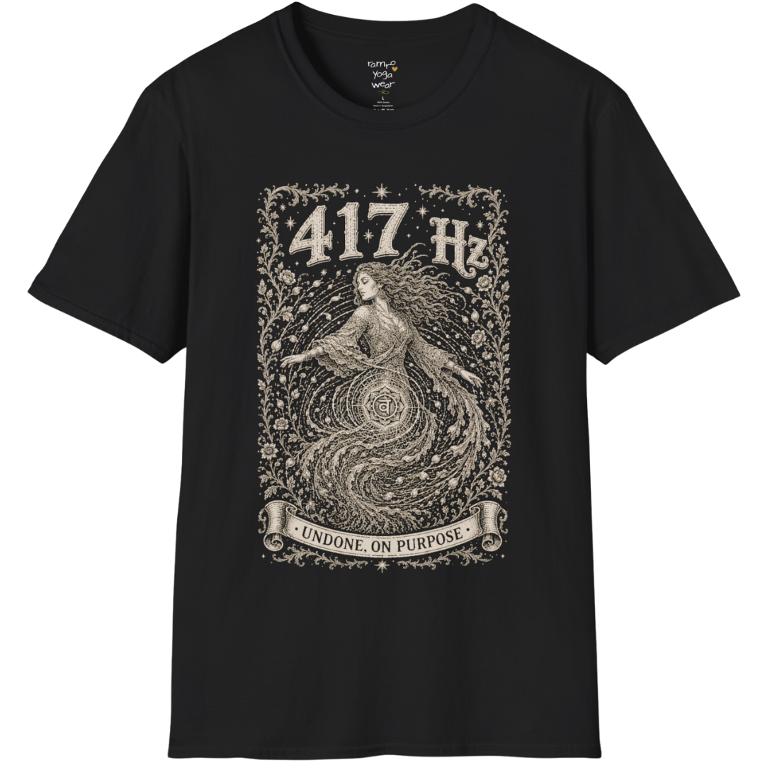 417 Hz T-Shirt with spiral vortex figure design — Dark Sacred Stillness collection by Ramro Yoga Wear in black