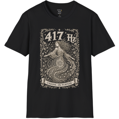 417 Hz T-Shirt with spiral vortex figure design — Dark Sacred Stillness collection by Ramro Yoga Wear in black