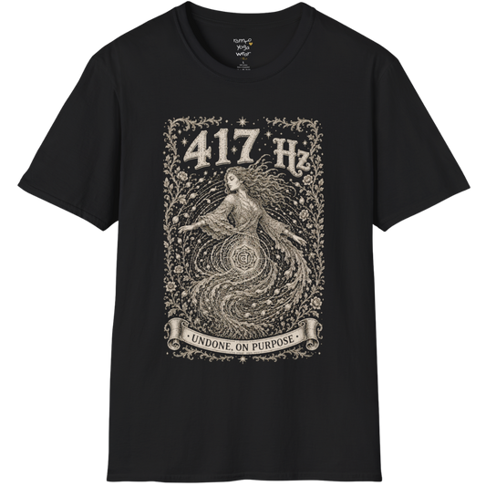 417 Hz T-Shirt with spiral vortex figure design — Dark Sacred Stillness collection by Ramro Yoga Wear in black