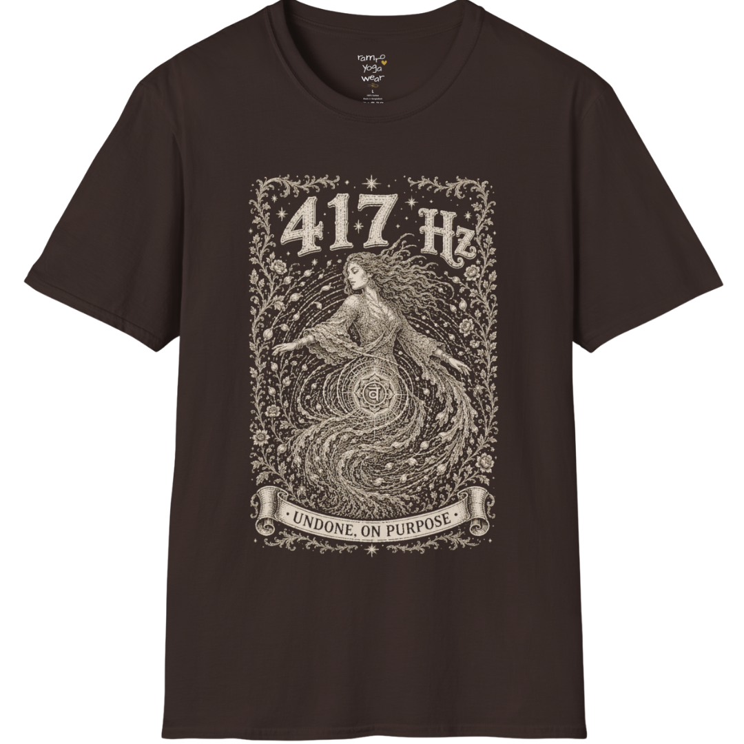 417 Hz T-Shirt with spiral vortex figure design — Dark Sacred Stillness collection by Ramro Yoga Wear in dark chocolate