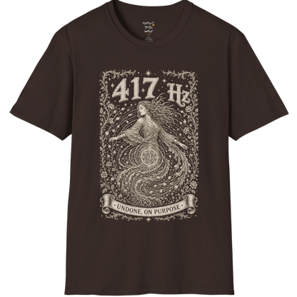 417 Hz T-Shirt with spiral vortex figure design — Dark Sacred Stillness collection by Ramro Yoga Wear in dark chocolate