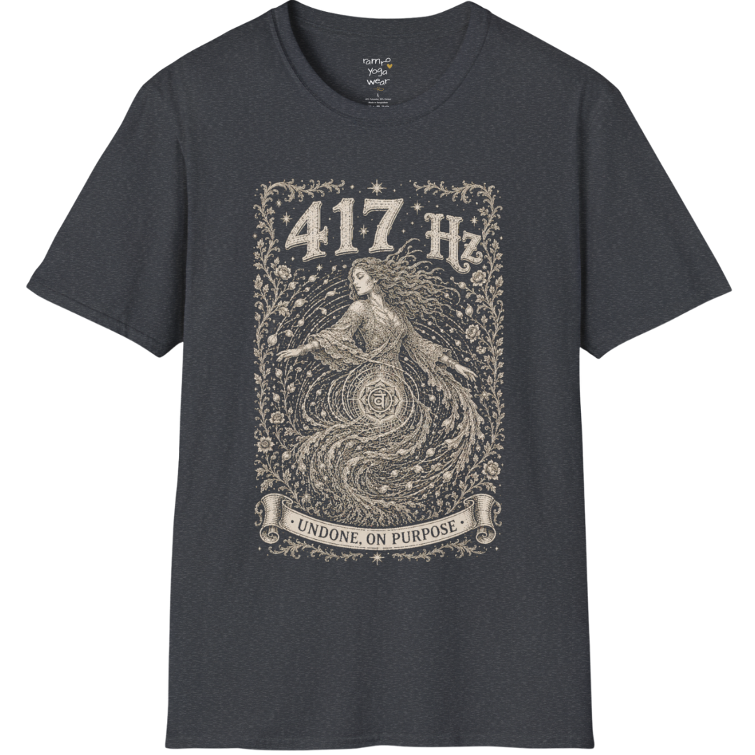 417 Hz T-Shirt with spiral vortex figure design — Dark Sacred Stillness collection by Ramro Yoga Wear in dark heather grey