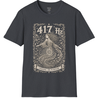 417 Hz T-Shirt with spiral vortex figure design — Dark Sacred Stillness collection by Ramro Yoga Wear in dark heather grey