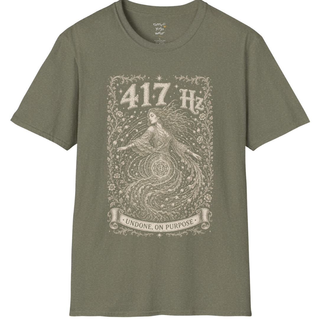 417 Hz T-Shirt with spiral vortex figure design — Dark Sacred Stillness collection by Ramro Yoga Wear in heather military green