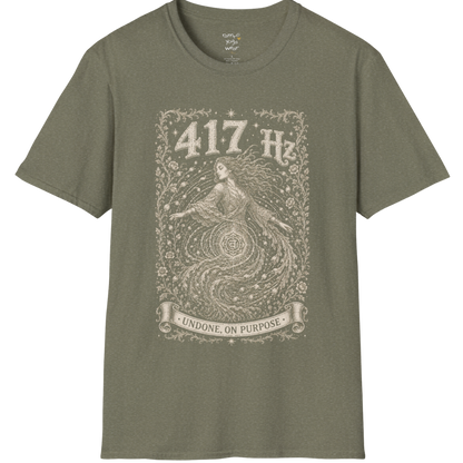 417 Hz T-Shirt with spiral vortex figure design — Dark Sacred Stillness collection by Ramro Yoga Wear in heather military green