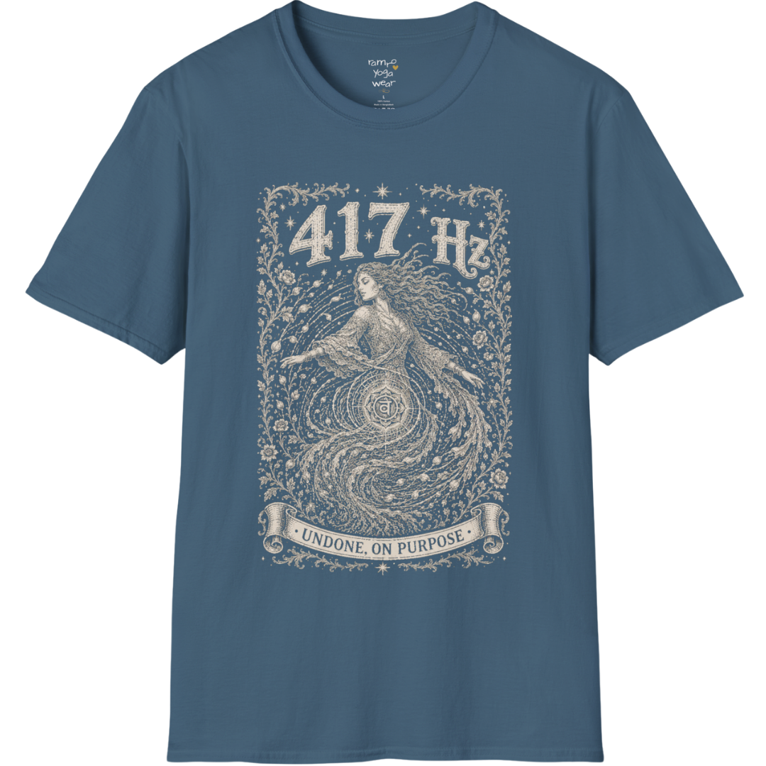 417 Hz T-Shirt with spiral vortex figure design — Dark Sacred Stillness collection by Ramro Yoga Wear in Indigo Blue