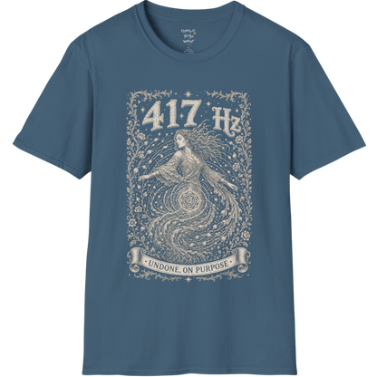 417 Hz T-Shirt with spiral vortex figure design — Dark Sacred Stillness collection by Ramro Yoga Wear in Indigo Blue