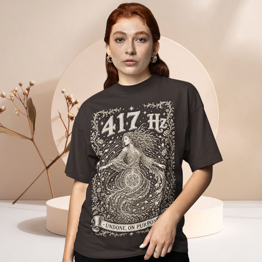 417 Hz T-Shirt dark chocolate sacred yoga shirt in a minimalist space — Dark Sacred Stillness collection by Ramro Yoga Wear