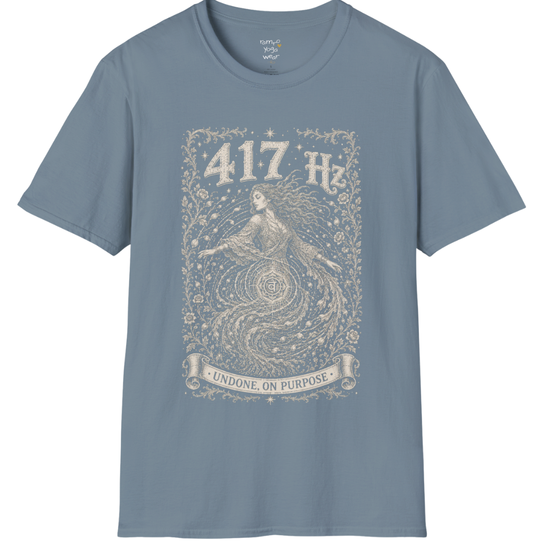 417 Hz T-Shirt with spiral vortex figure design — Dark Sacred Stillness collection by Ramro Yoga Wear in stone blue