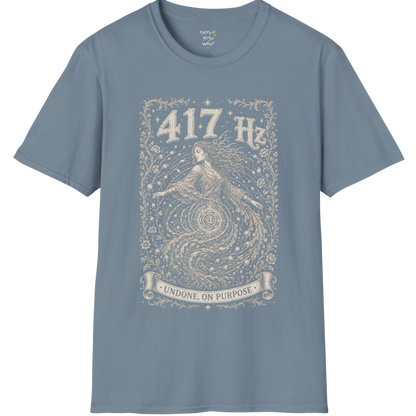 417 Hz T-Shirt with spiral vortex figure design — Dark Sacred Stillness collection by Ramro Yoga Wear in stone blue