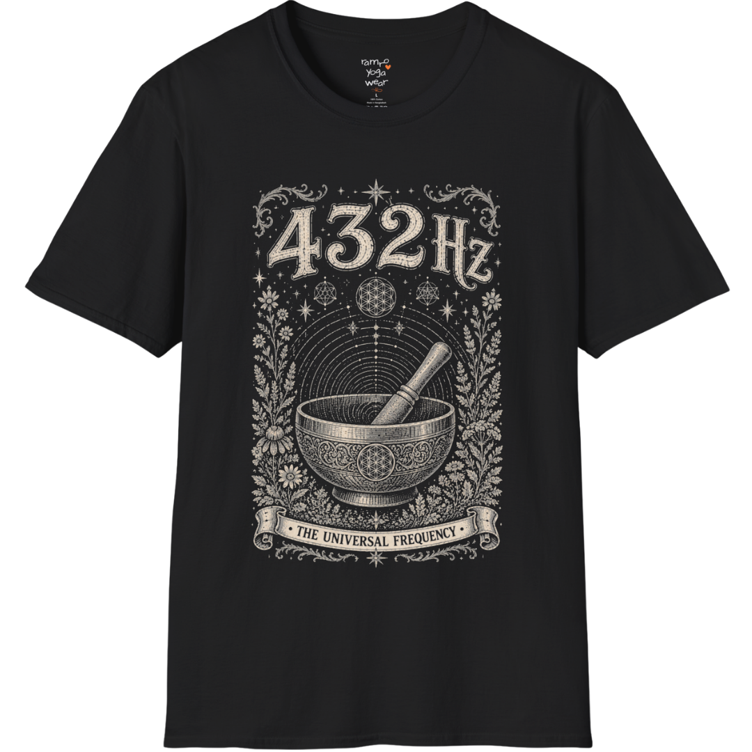 432 Hz singing bowl sound wave sacred geometry engraving design — Dark Sacred Stillness collection by Ramro Yoga Wear in black