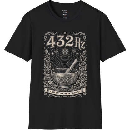 432 Hz singing bowl sound wave sacred geometry engraving design — Dark Sacred Stillness collection by Ramro Yoga Wear in black