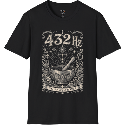 432 Hz singing bowl sound wave sacred geometry engraving design — Dark Sacred Stillness collection by Ramro Yoga Wear in black