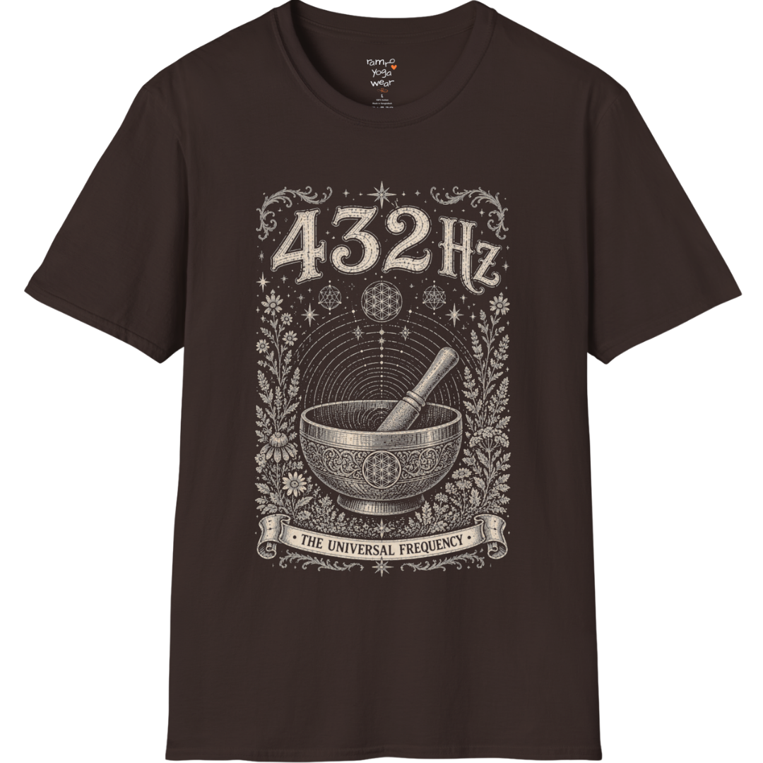 432 Hz singing bowl sound wave sacred geometry engraving design — Dark Sacred Stillness collection by Ramro Yoga Wear in Dark Chocolate.