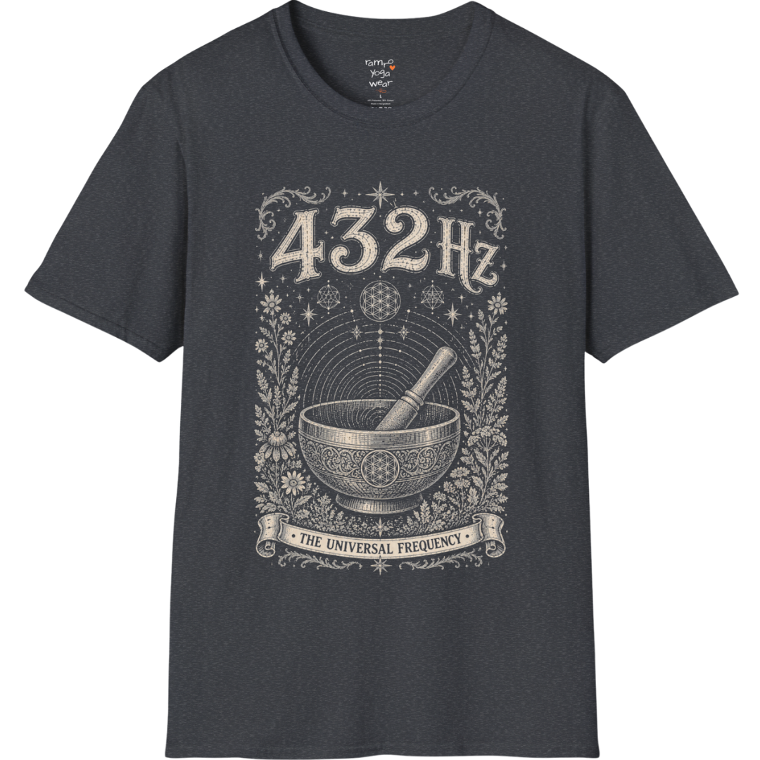 432 Hz singing bowl sound wave sacred geometry engraving design — Dark Sacred Stillness collection by Ramro Yoga Wear in Dark Heather Grey.