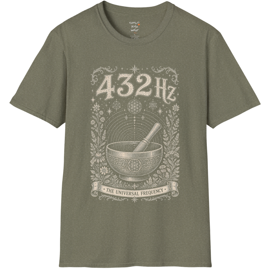 432 Hz singing bowl sound wave sacred geometry engraving design — Dark Sacred Stillness collection by Ramro Yoga Wear in Heather Military Green.
