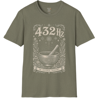 432 Hz singing bowl sound wave sacred geometry engraving design — Dark Sacred Stillness collection by Ramro Yoga Wear in Heather Military Green.