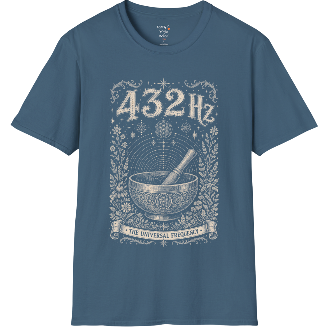 432 Hz singing bowl sound wave sacred geometry engraving design — Dark Sacred Stillness collection by Ramro Yoga Wear in Indigo Blue