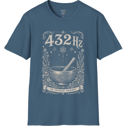 432 Hz singing bowl sound wave sacred geometry engraving design — Dark Sacred Stillness collection by Ramro Yoga Wear in Indigo Blue