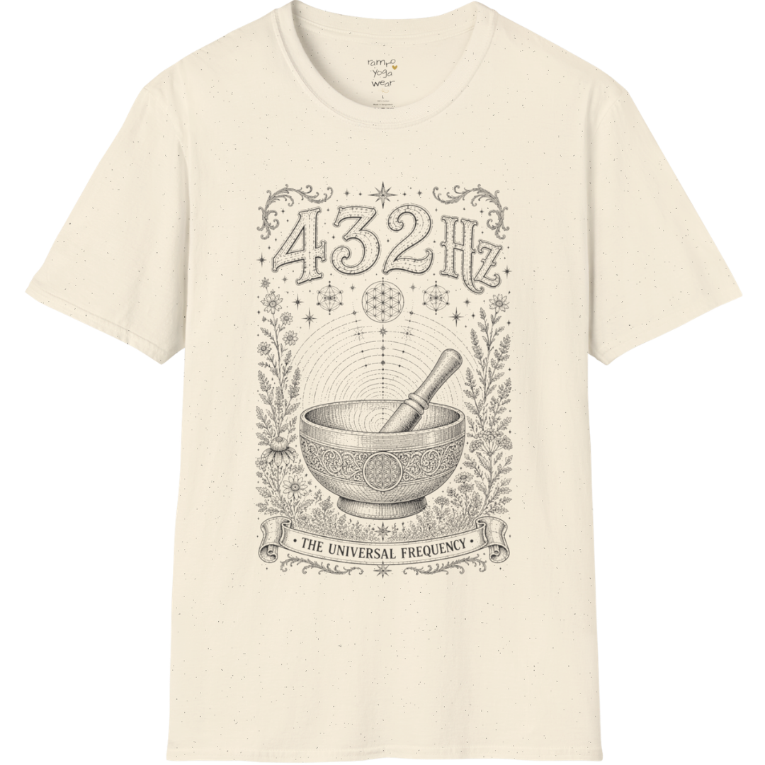 432 Hz singing bowl sound wave sacred geometry engraving design — Dark Sacred Stillness collection by Ramro Yoga Wear in Natural