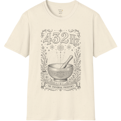 432 Hz singing bowl sound wave sacred geometry engraving design — Dark Sacred Stillness collection by Ramro Yoga Wear in Natural