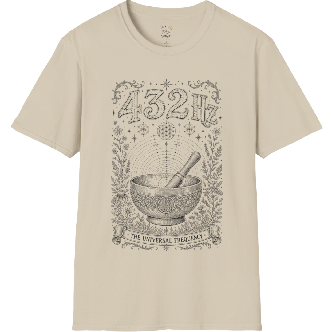 432 Hz singing bowl sound wave sacred geometry engraving design — Dark Sacred Stillness collection by Ramro Yoga Wear in Sand