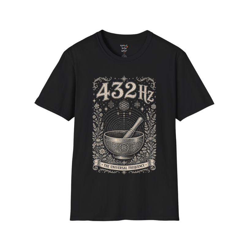 432 Hz singing bowl sound wave sacred geometry engraving design — Dark Sacred Stillness collection by Ramro Yoga Wear in black