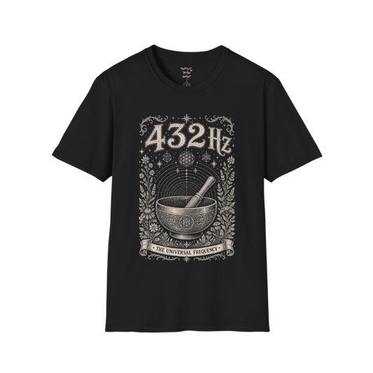 432 Hz singing bowl sound wave sacred geometry engraving design — Dark Sacred Stillness collection by Ramro Yoga Wear in black