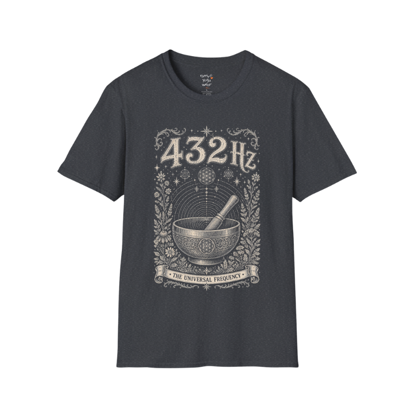 432 Hz singing bowl sound wave sacred geometry engraving design — Dark Sacred Stillness collection by Ramro Yoga Wear in Dark Heather Grey.