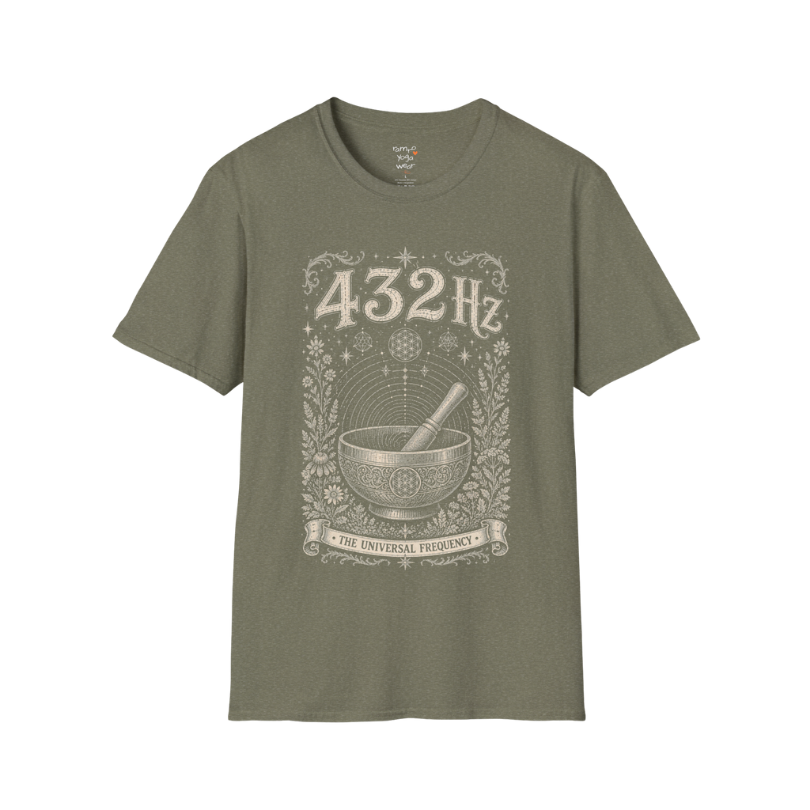 432 Hz singing bowl sound wave sacred geometry engraving design — Dark Sacred Stillness collection by Ramro Yoga Wear in Heather Military Green.