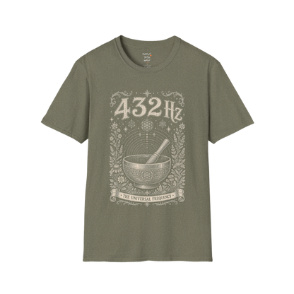 432 Hz singing bowl sound wave sacred geometry engraving design — Dark Sacred Stillness collection by Ramro Yoga Wear in Heather Military Green.
