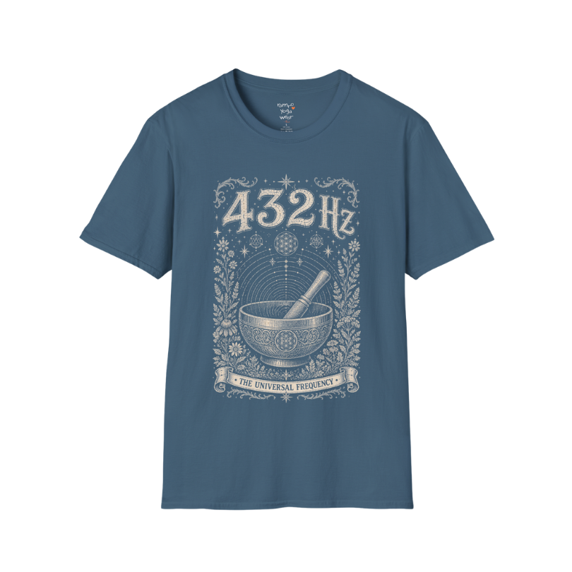 432 Hz singing bowl sound wave sacred geometry engraving design — Dark Sacred Stillness collection by Ramro Yoga Wear in Indigo Blue