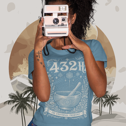 Woman wearing 432 Hz indigo meditation shirt with polaroid camera — Dark Sacred Stillness collection by Ramro Yoga Wear