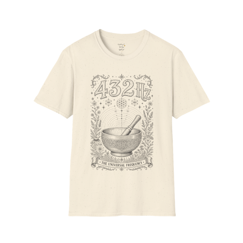 432 Hz singing bowl sound wave sacred geometry engraving design — Dark Sacred Stillness collection by Ramro Yoga Wear in Natural