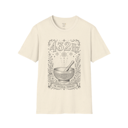 432 Hz singing bowl sound wave sacred geometry engraving design — Dark Sacred Stillness collection by Ramro Yoga Wear in Natural