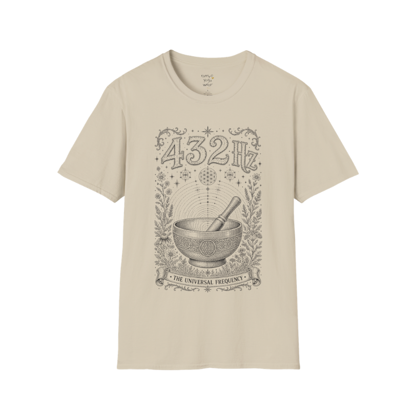 432 Hz singing bowl sound wave sacred geometry engraving design — Dark Sacred Stillness collection by Ramro Yoga Wear in Sand