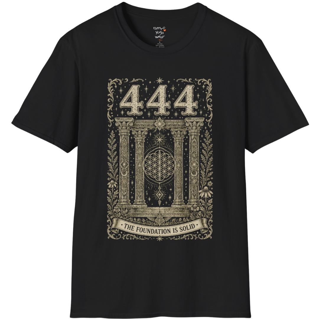 444 sacred pillars temple Flower of Life botanical engraving design — Dark Sacred Stillness collection by Ramro Yoga Wear in Black