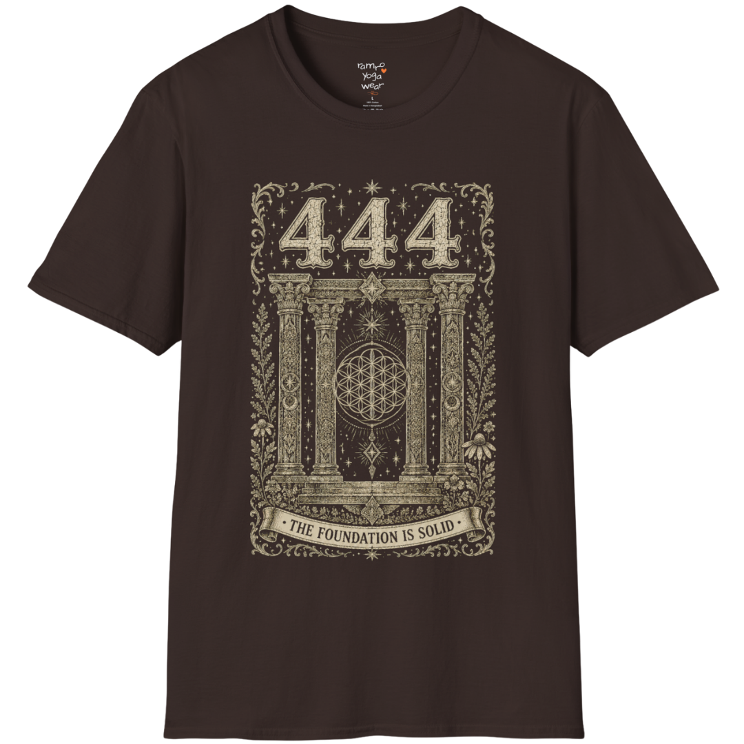 444 sacred pillars temple Flower of Life botanical engraving design — Dark Sacred Stillness collection by Ramro Yoga Wear in Dark Chocolate