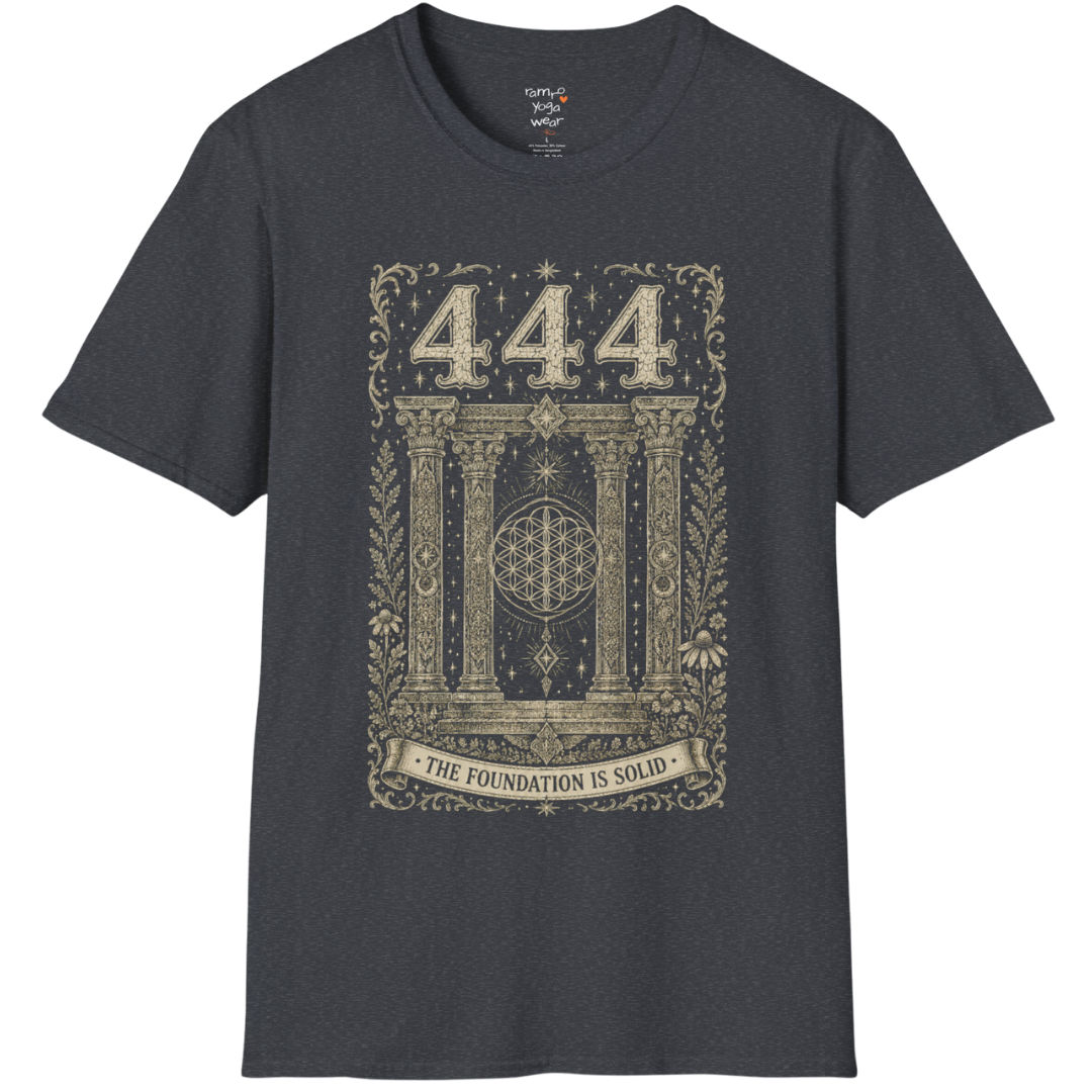 444 sacred pillars temple Flower of Life botanical engraving design — Dark Sacred Stillness collection by Ramro Yoga Wear in Dark Heather Grey
