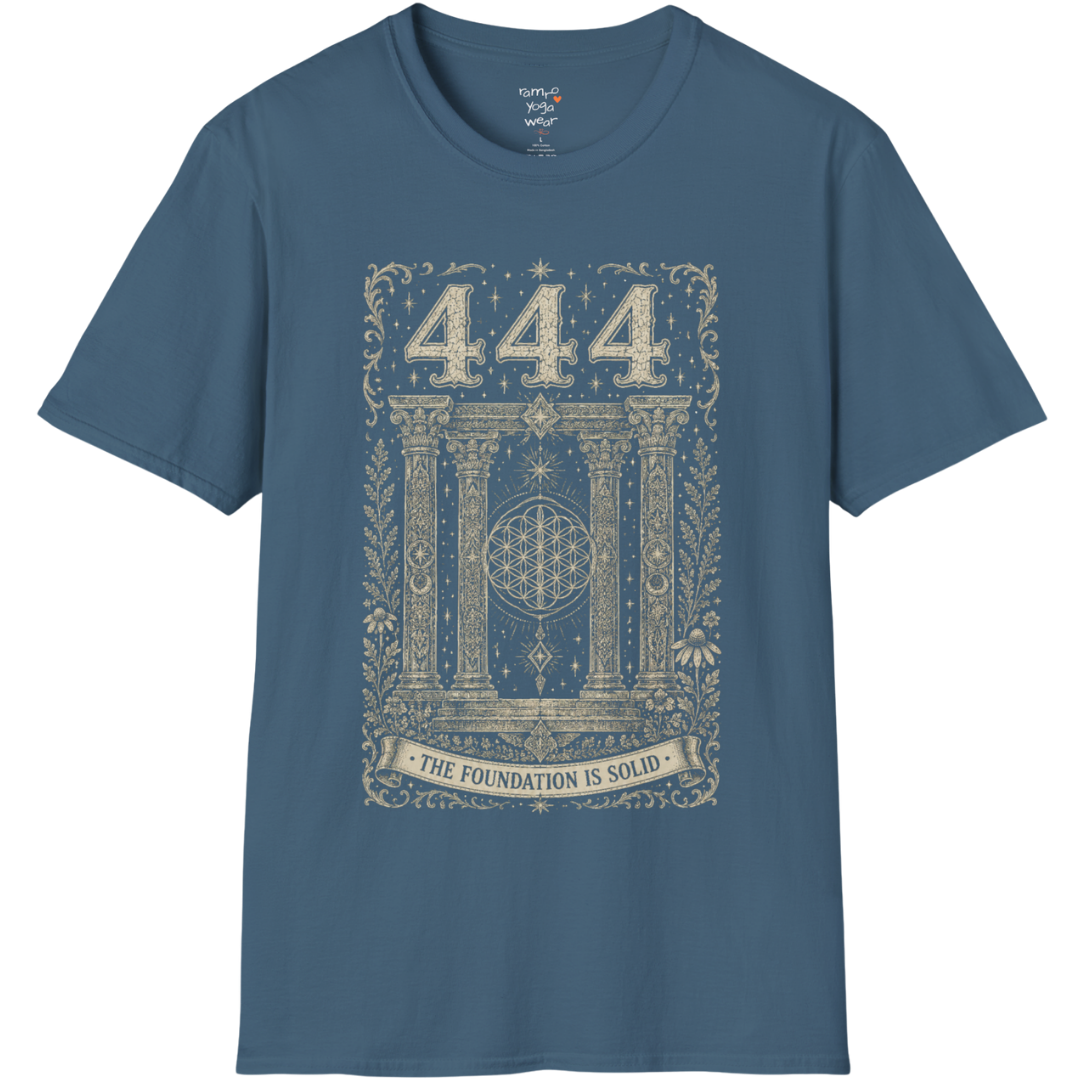 444 sacred pillars temple Flower of Life botanical engraving design — Dark Sacred Stillness collection by Ramro Yoga Wear in Indigo Blue
