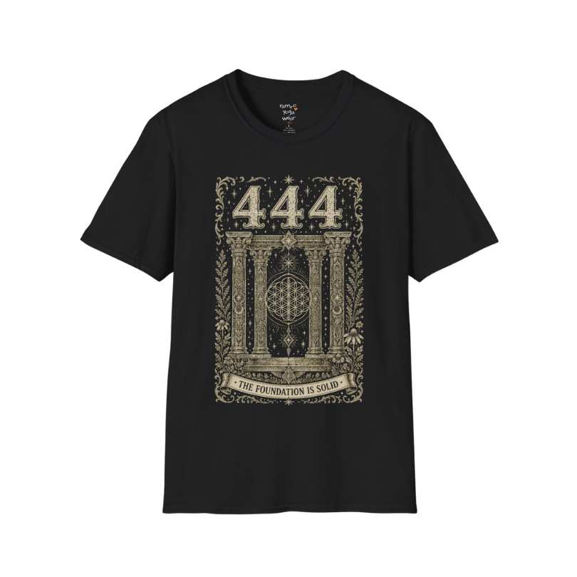 444 sacred pillars temple Flower of Life botanical engraving design — Dark Sacred Stillness collection by Ramro Yoga Wear in Black.