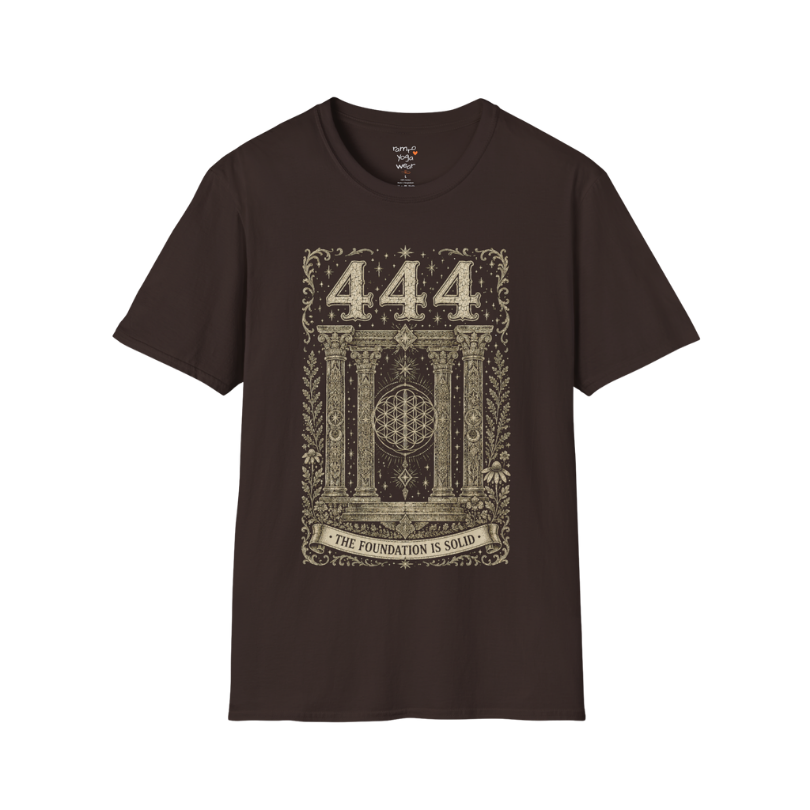 444 sacred pillars temple Flower of Life botanical engraving design — Dark Sacred Stillness collection by Ramro Yoga Wear in Dark Chocolate