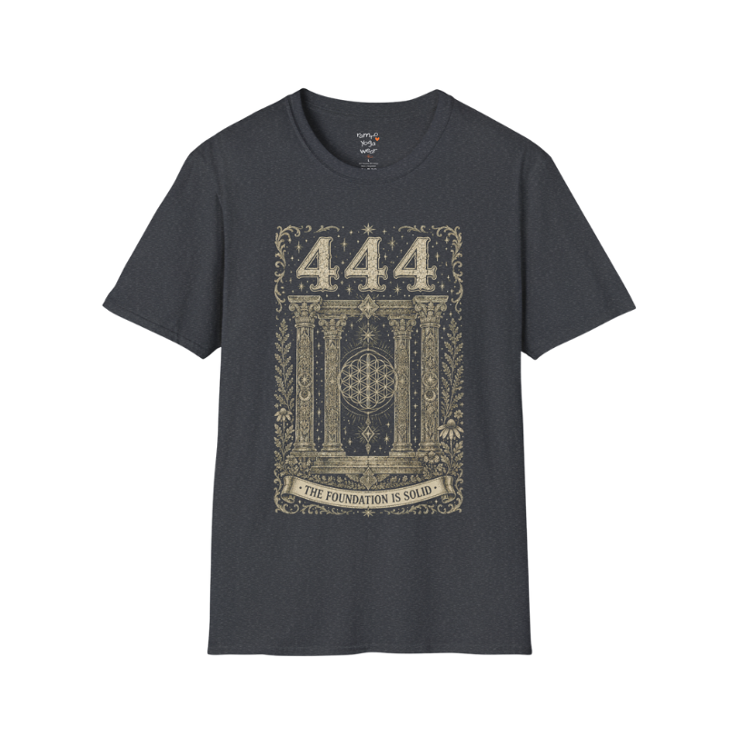 444 sacred pillars temple Flower of Life botanical engraving design — Dark Sacred Stillness collection by Ramro Yoga Wear in Dark Heather Grey