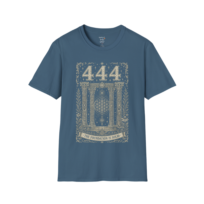 444 sacred pillars temple Flower of Life botanical engraving design — Dark Sacred Stillness collection by Ramro Yoga Wear in Indigo Blue