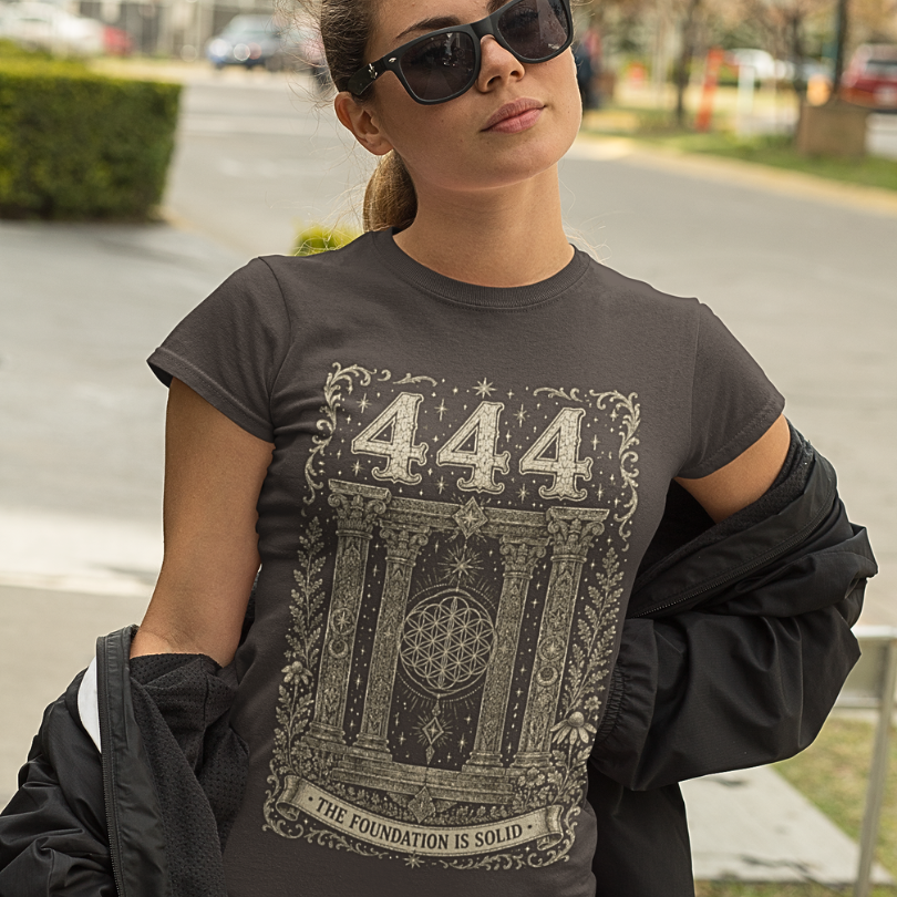 Woman wearing 444 dark chocolate angel number meditation shirt on street — Dark Sacred Stillness collection by Ramro Yoga Wear
